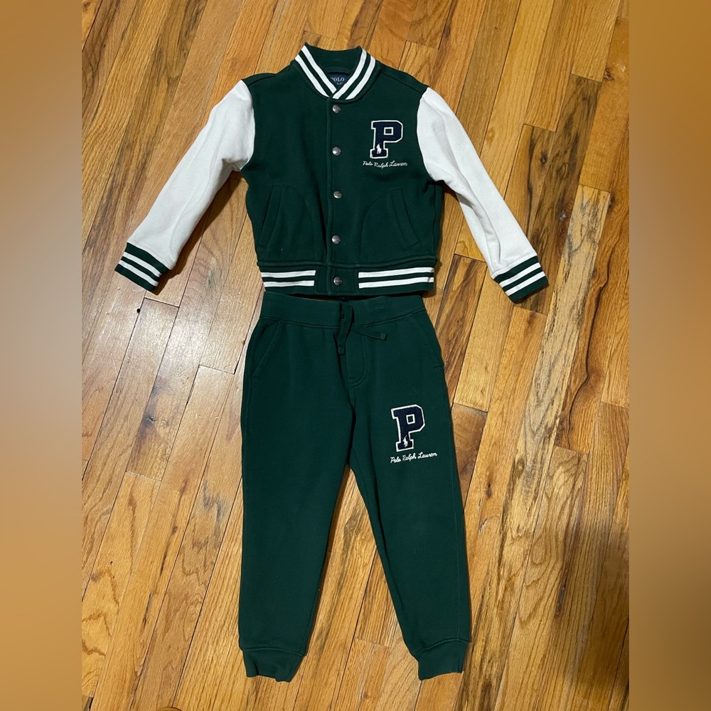 Ralph Lauren Kids Green and White Varsity Jacket and Pants Set